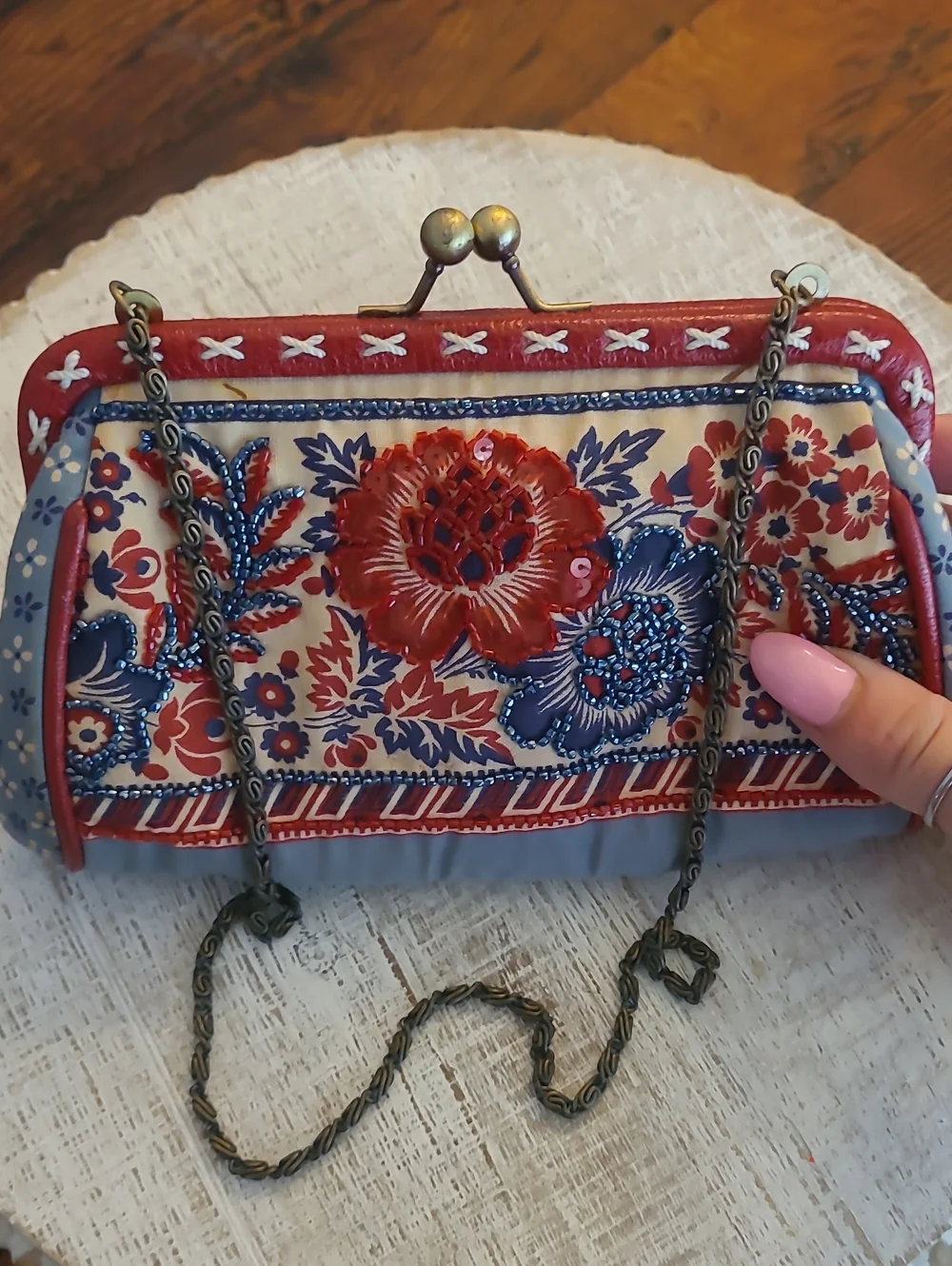 Isabella Fiore Vintage Beaded Floral Clasp Clutch With Chain